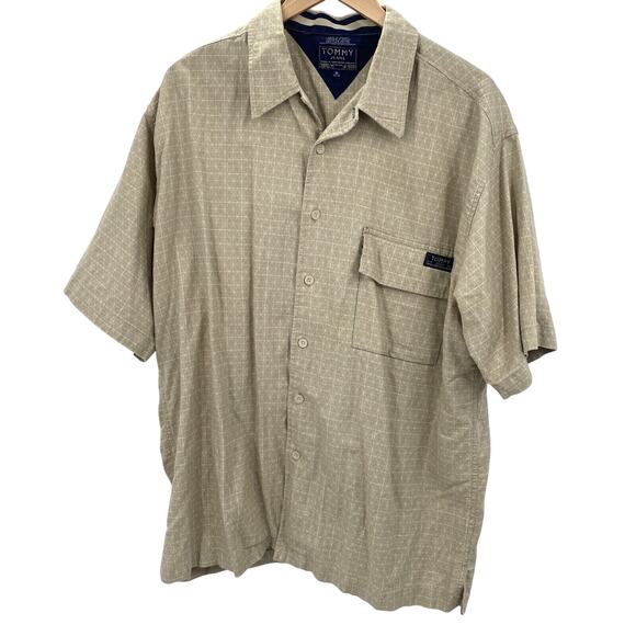 Tommy Hilfiger Shirt Mens XL Tan Linen Blend Button Up Short Sleeve Vintage - Picture 1 of 7